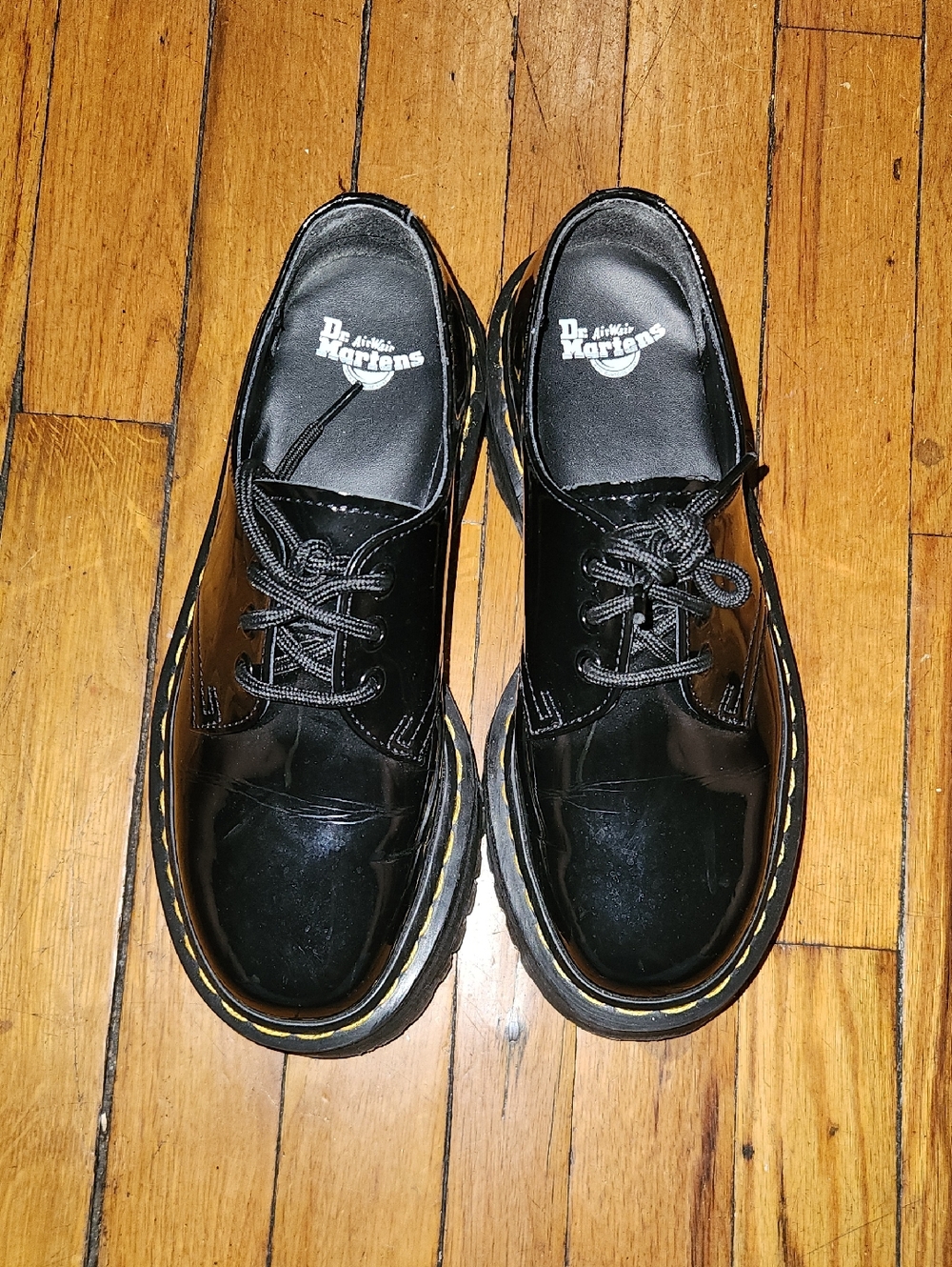 Dr. Martens Black Leather Derby Shoes with Yellow Stitching